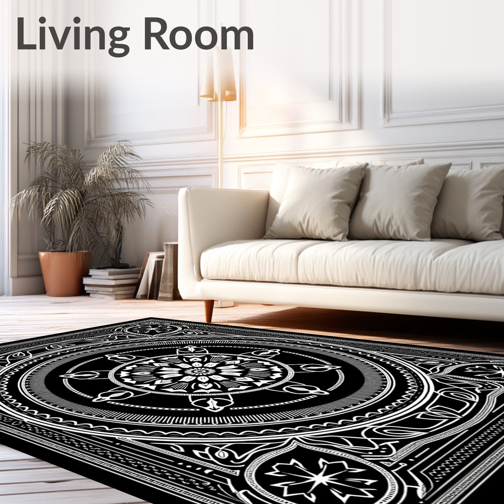 Black White Detailed Mandala Ornamental Rug