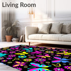 Vibrant Butterfly Floral Garden Black Rug