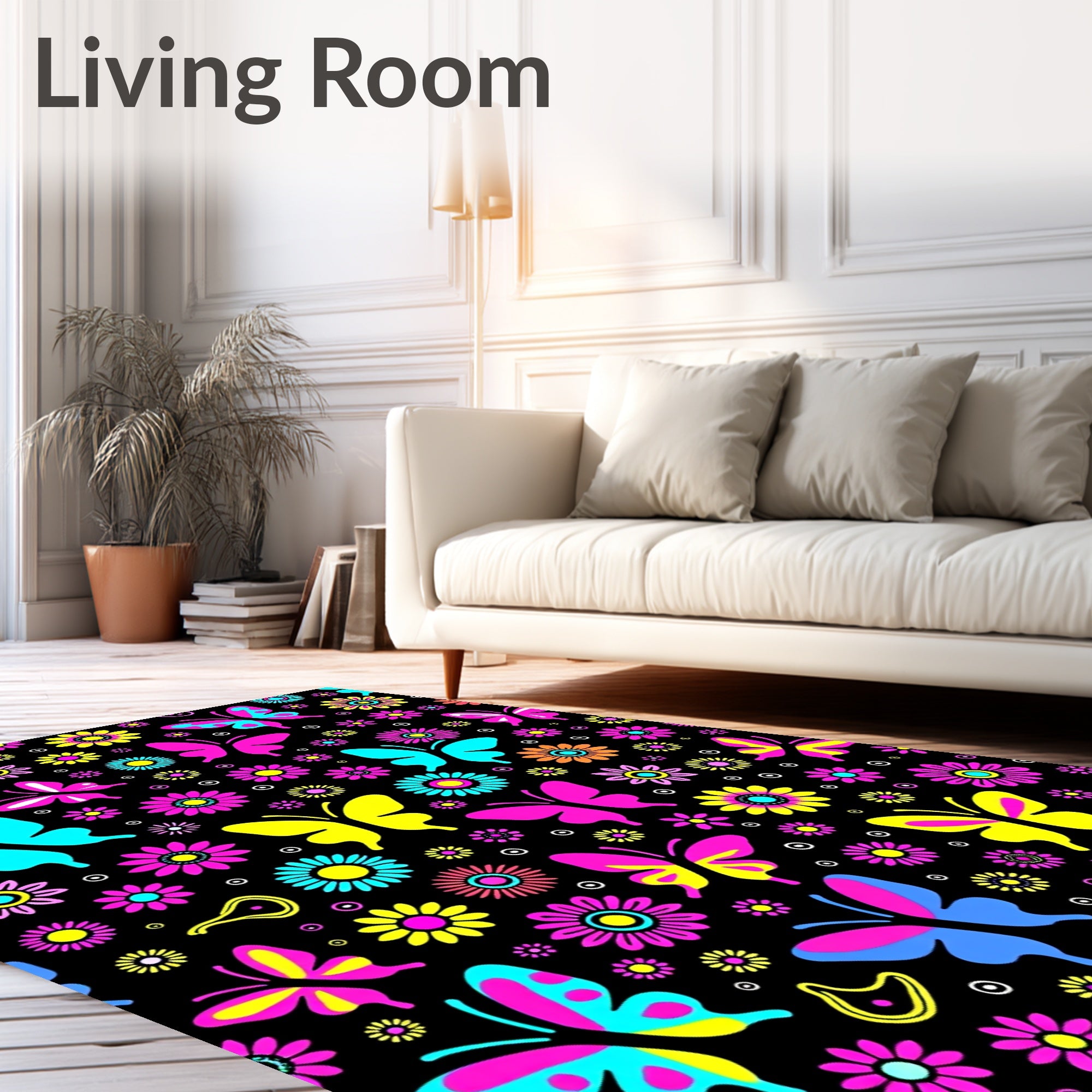 Vibrant Butterfly Floral Garden Black Rug