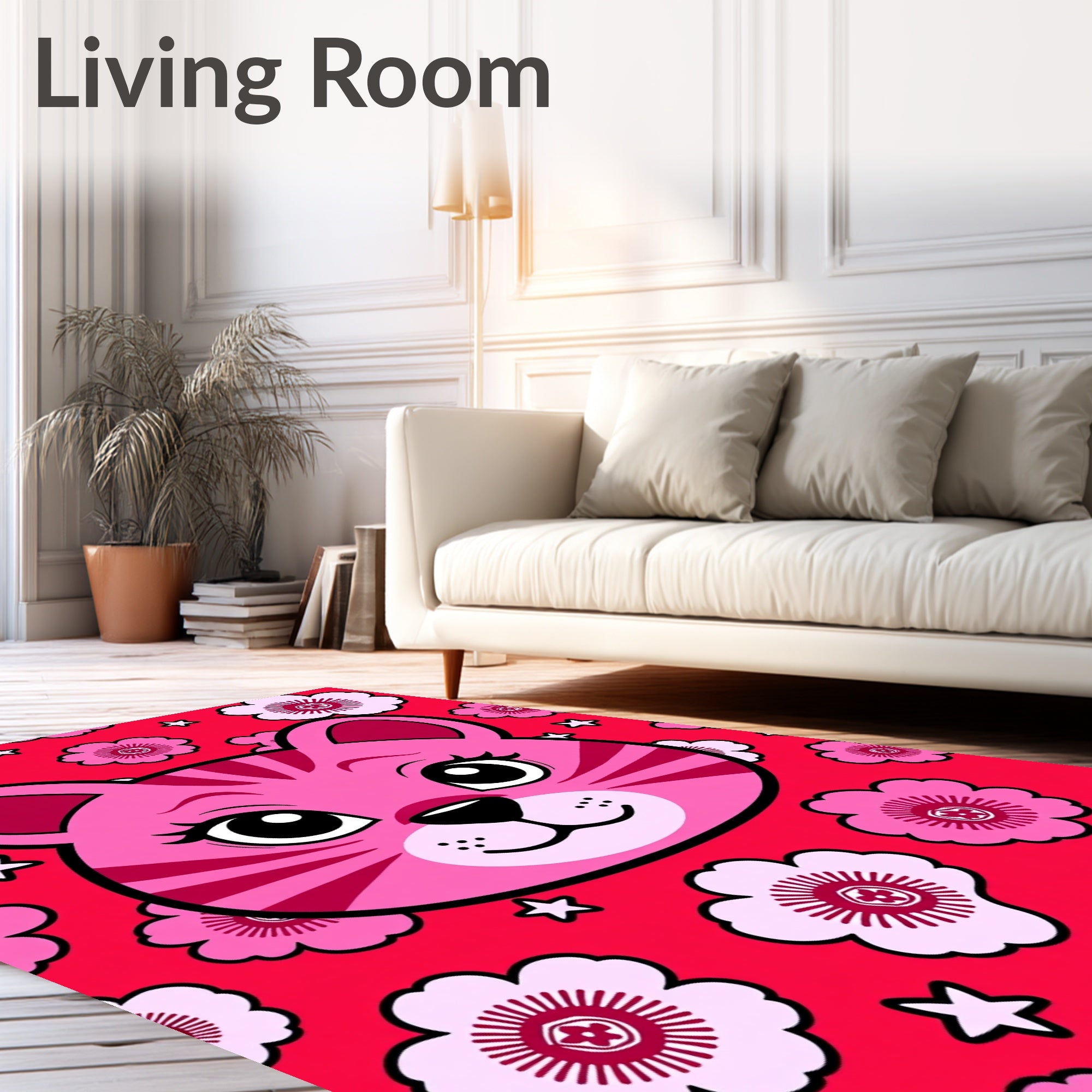 Pink Cat Floral Red Background Rug