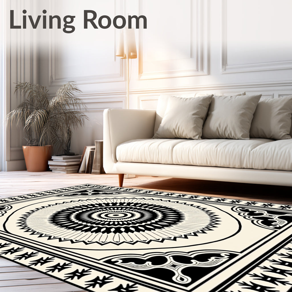 Bold Black and Ivory Medallion Border Rug
