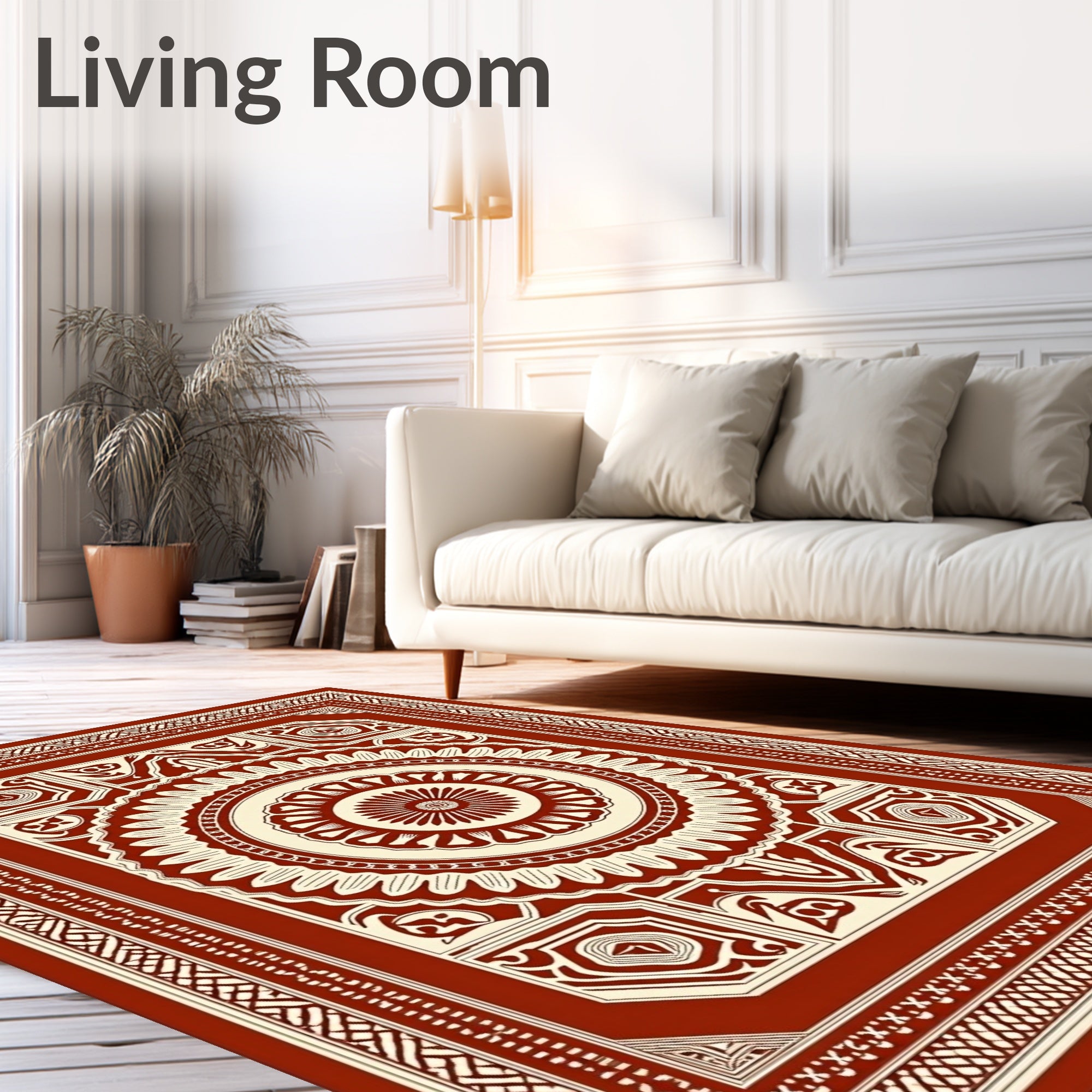 Rich Crimson Medallion Mandala Border Rug