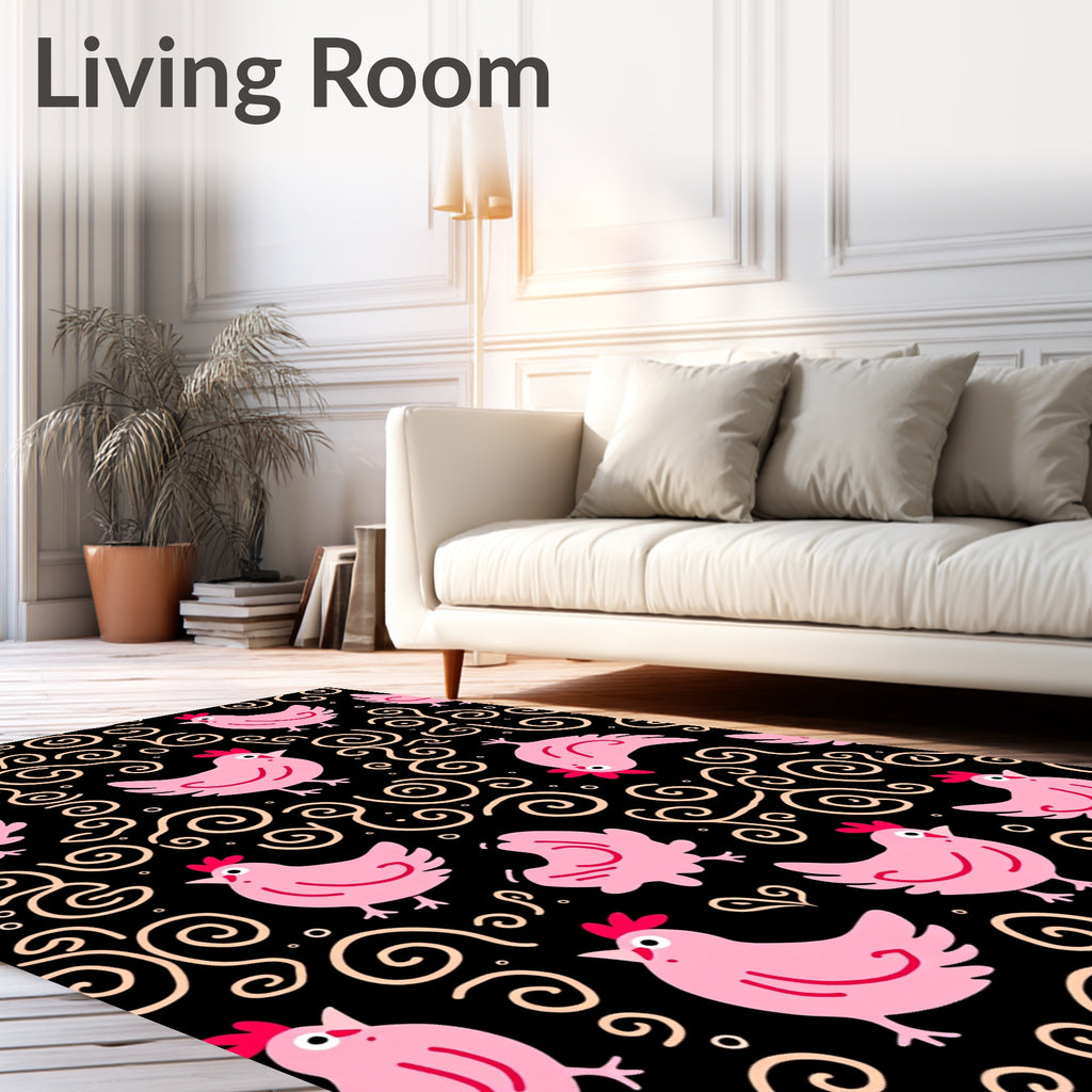 Pink Chicks Swirls Black Background Rug