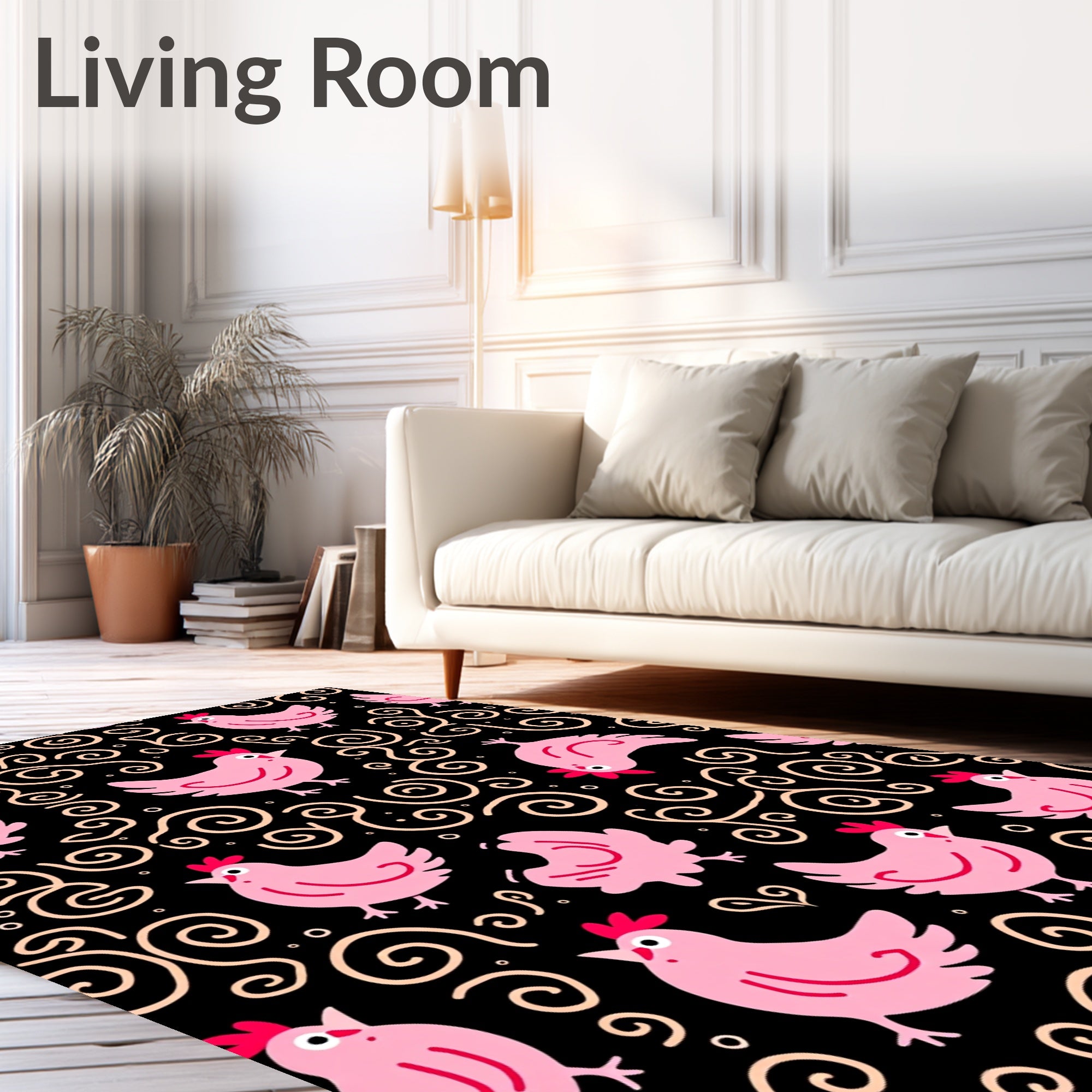 Pink Chicks Swirls Black Background Rug
