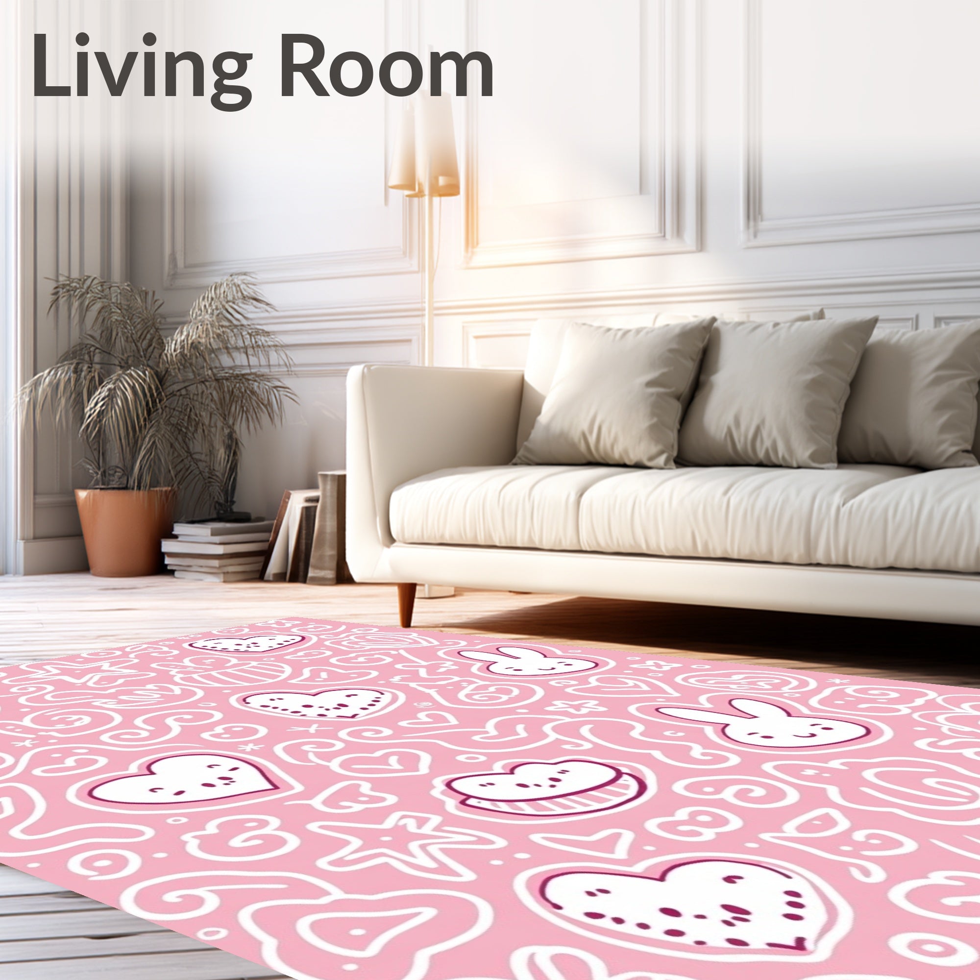 Cute Pink Doodle Hearts Bunnies Stars Rug