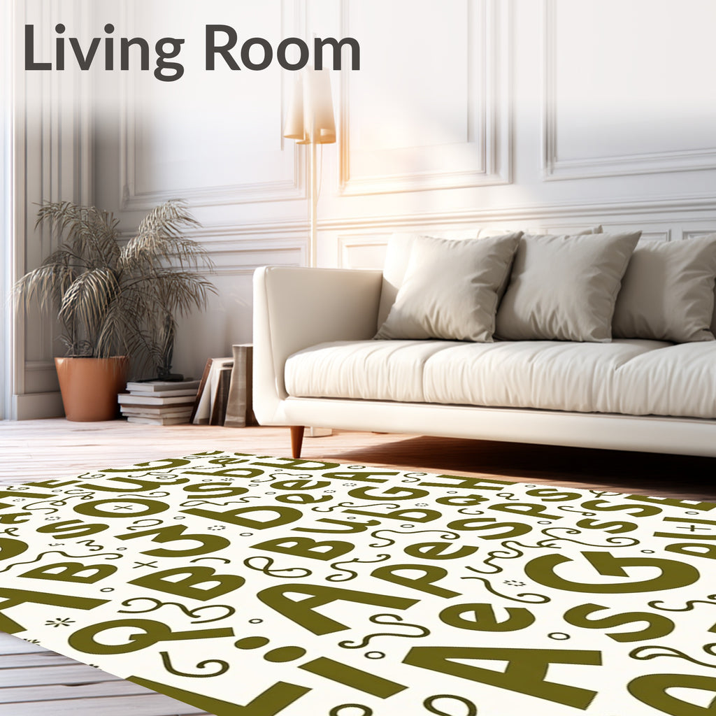 Olive Green Alphabet Scattered Comical Layout Rug