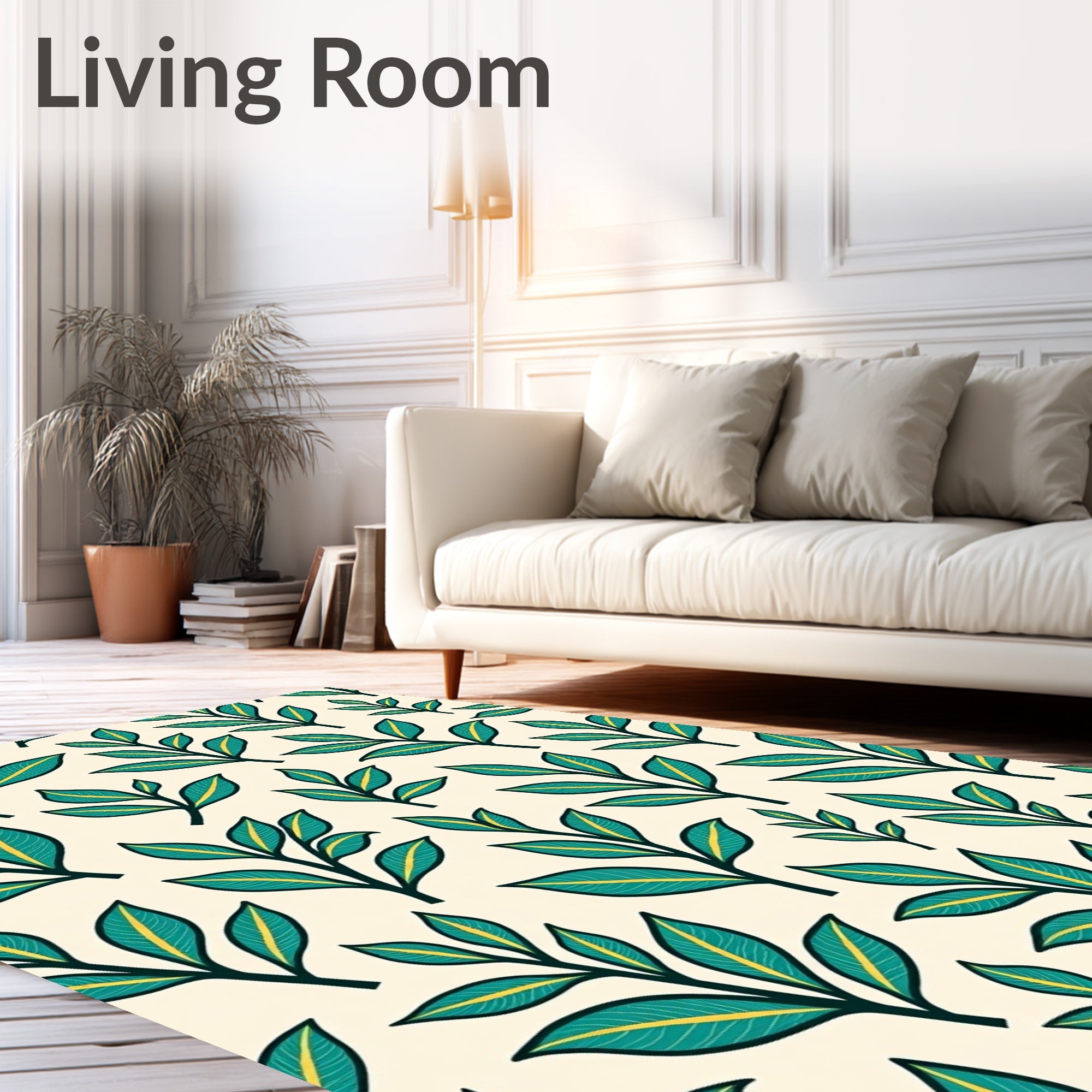 Teal Leafy Branch Botanical Print Rug