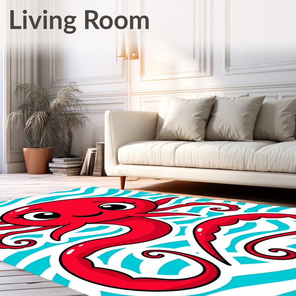 Red Octopus Aquatic Wave Illustration Rug