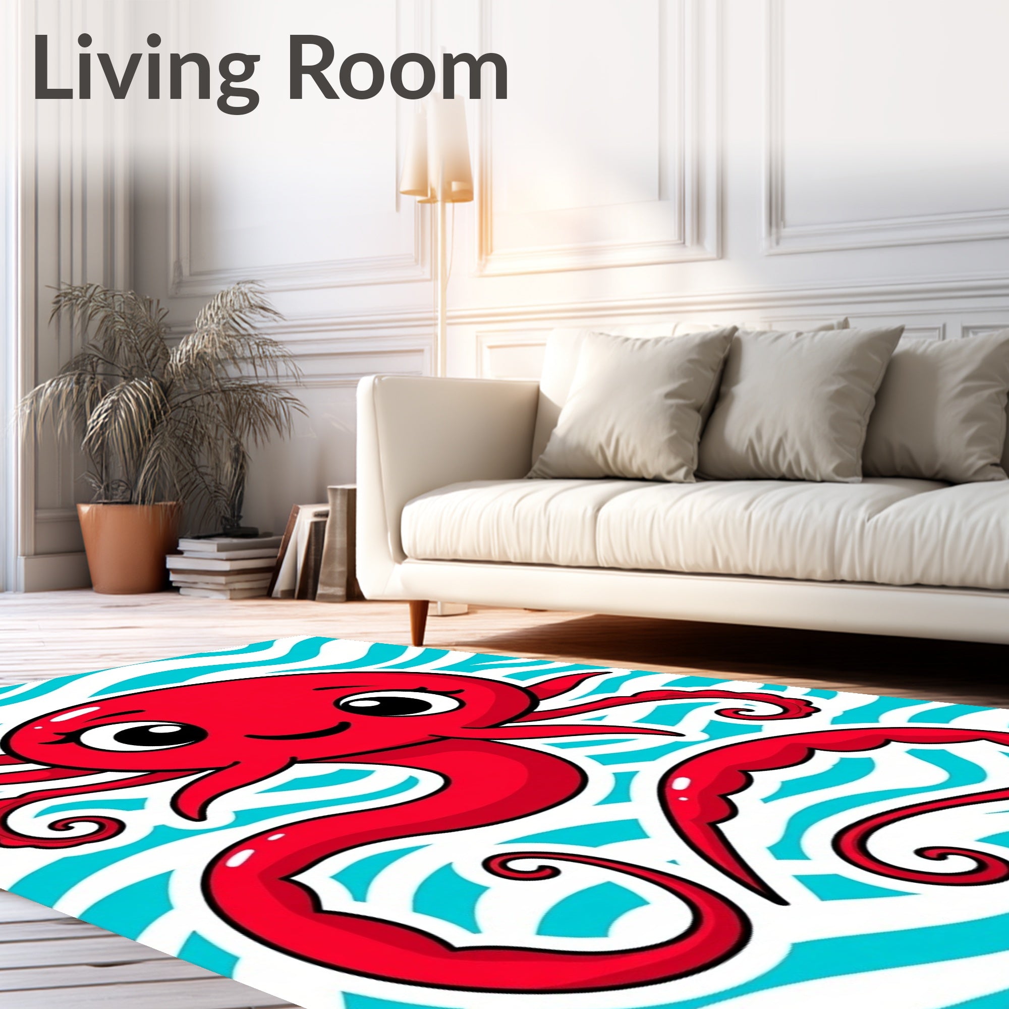 Red Octopus Aquatic Wave Illustration Rug