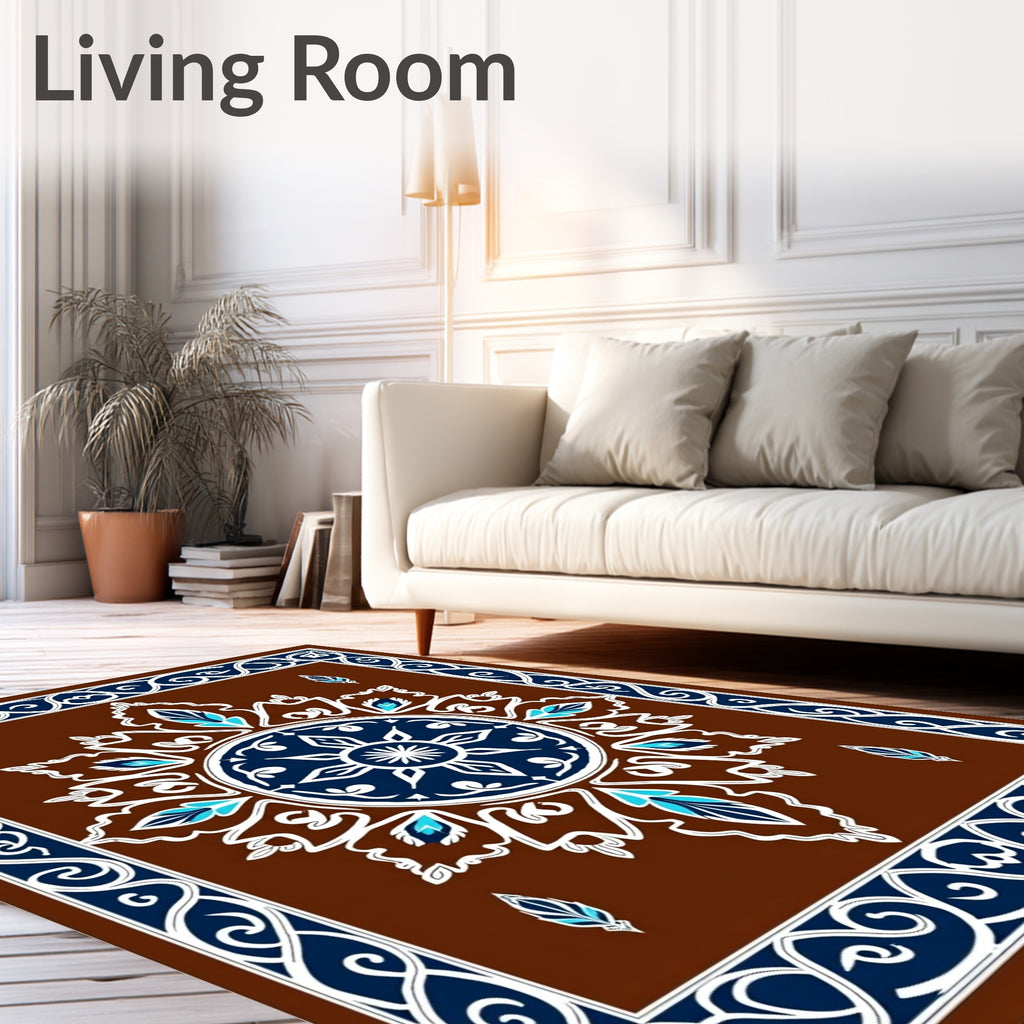Brown Blue White Ornamental Medallion Rug