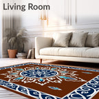Brown Blue White Ornamental Medallion Rug