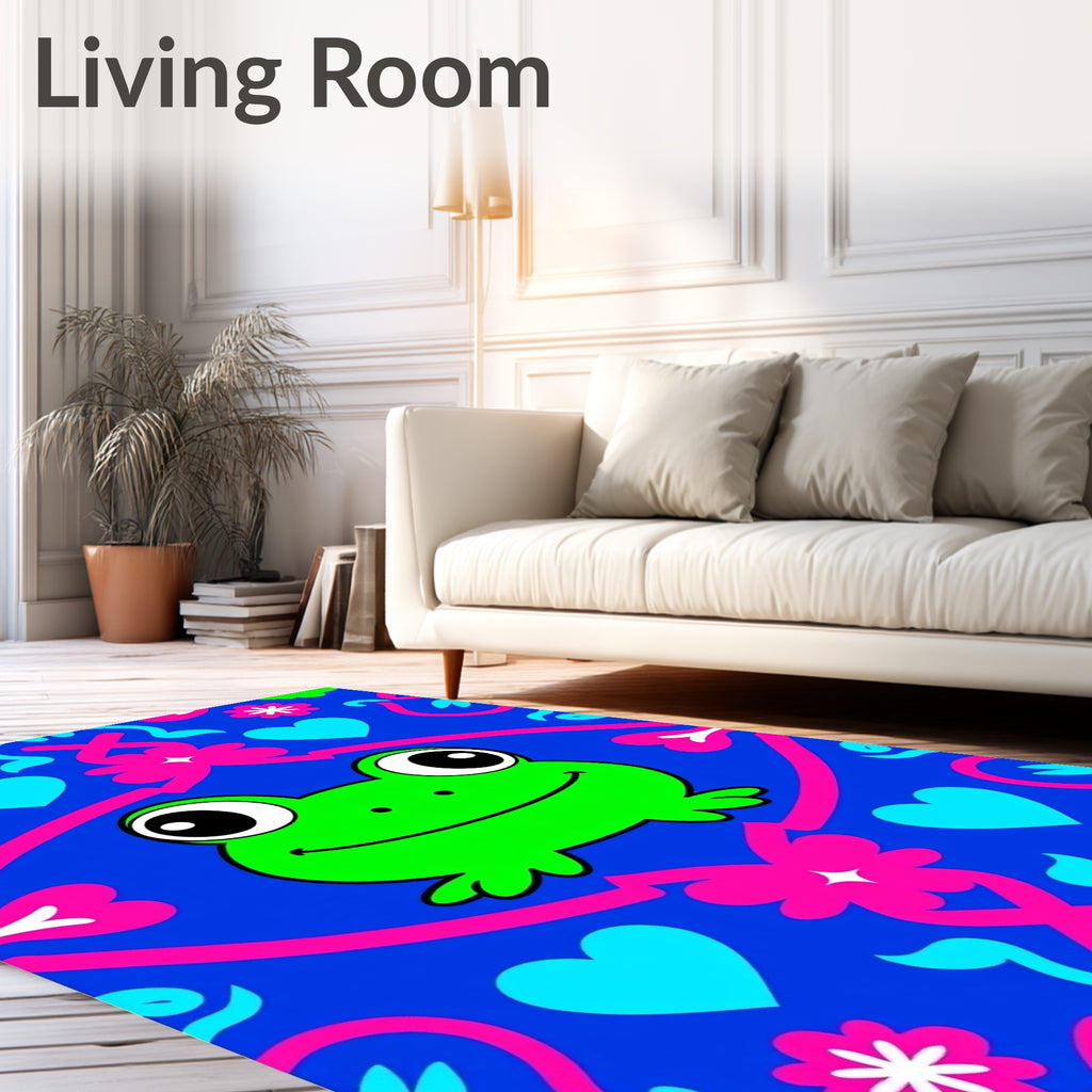 Whimsical Frog Heart Floral Royal Blue Rug