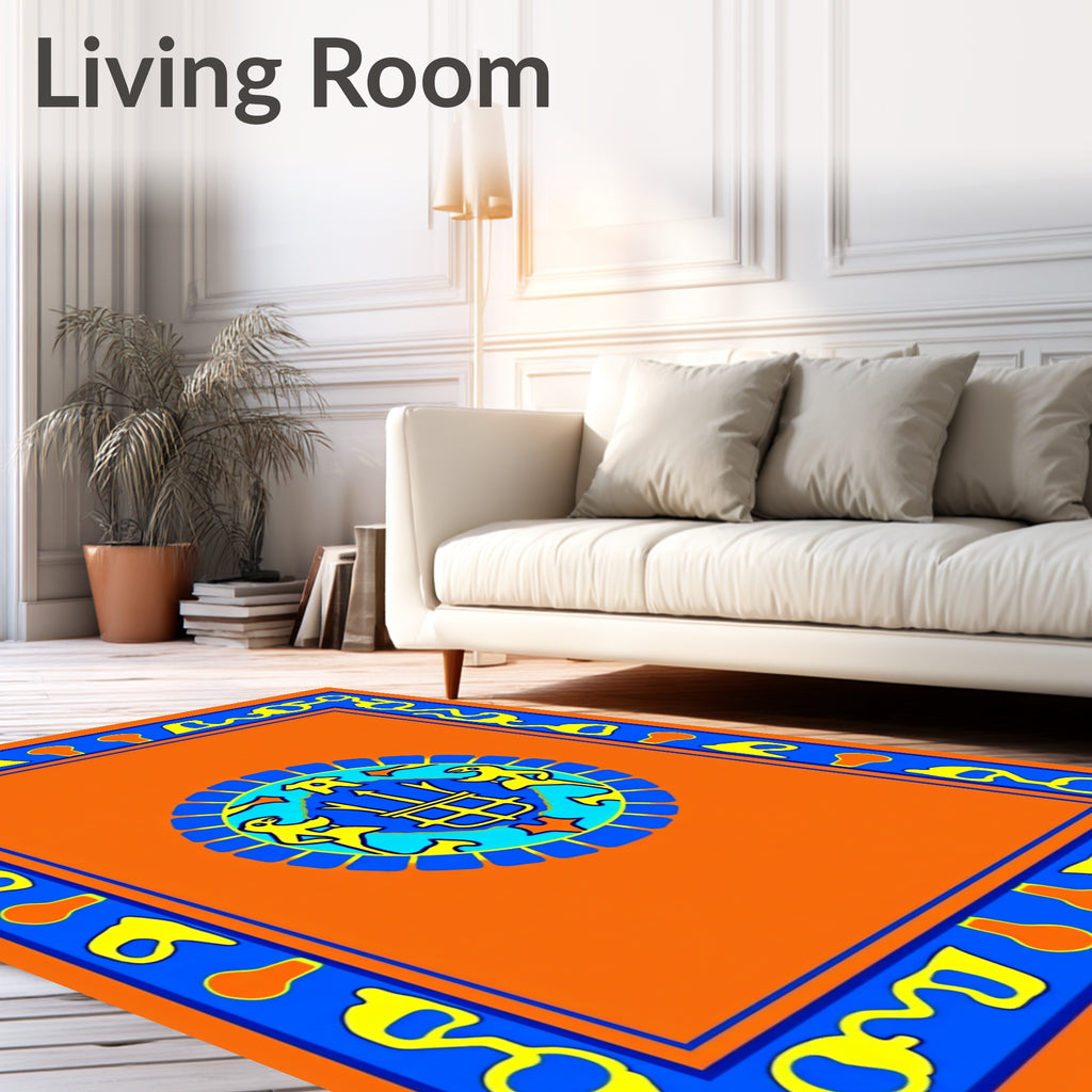 Vibrant Orange Blue Yellow Medallion Border Rug