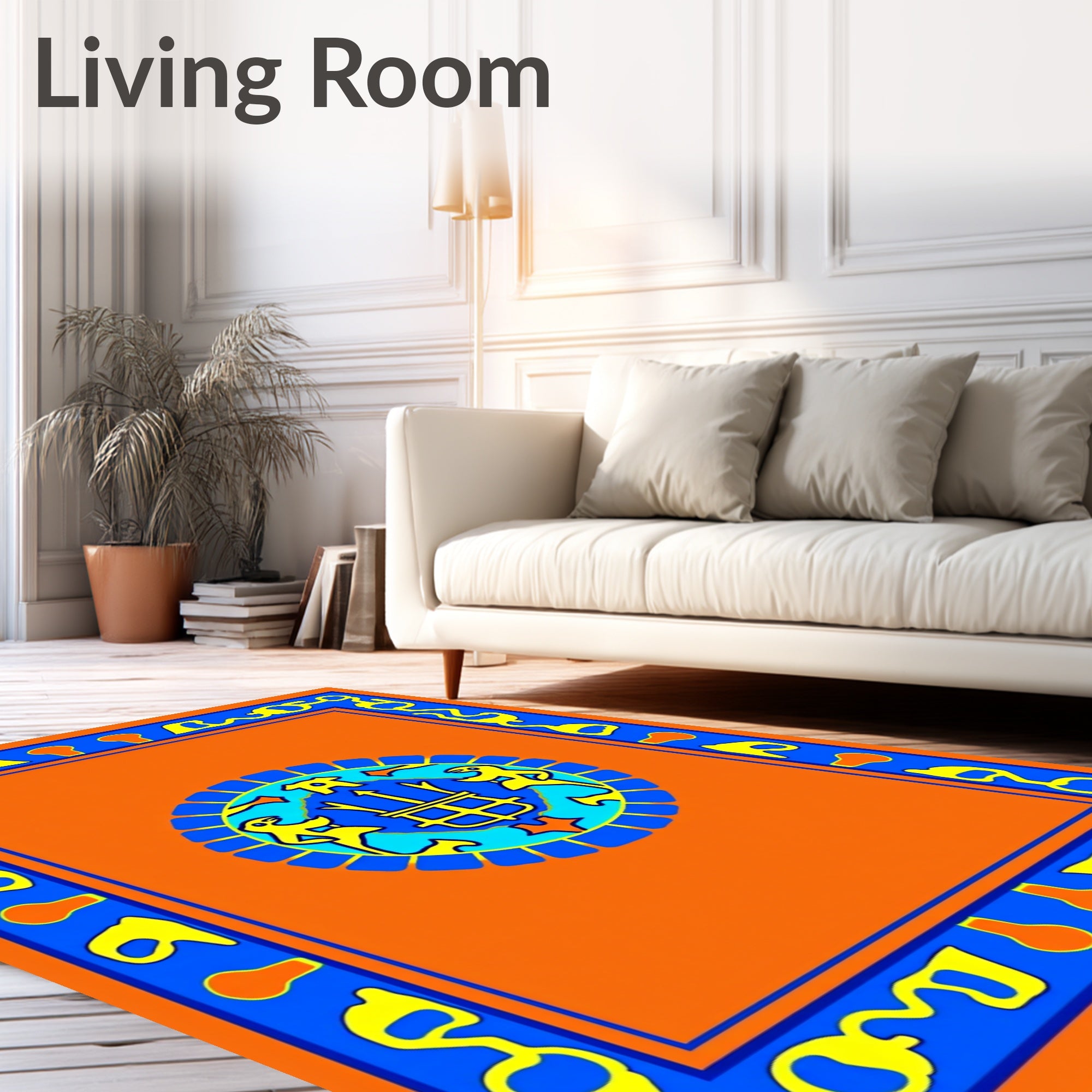 Vibrant Orange Blue Yellow Medallion Border Rug