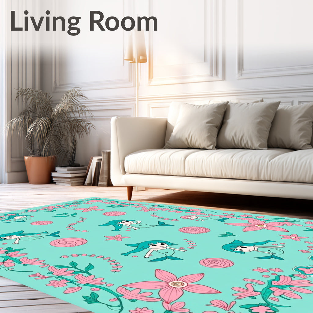 Sweet Aqua Mermaid Floral Whimsy Rug