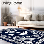 Nautical White Anchor Navy Blue Emblem Rug