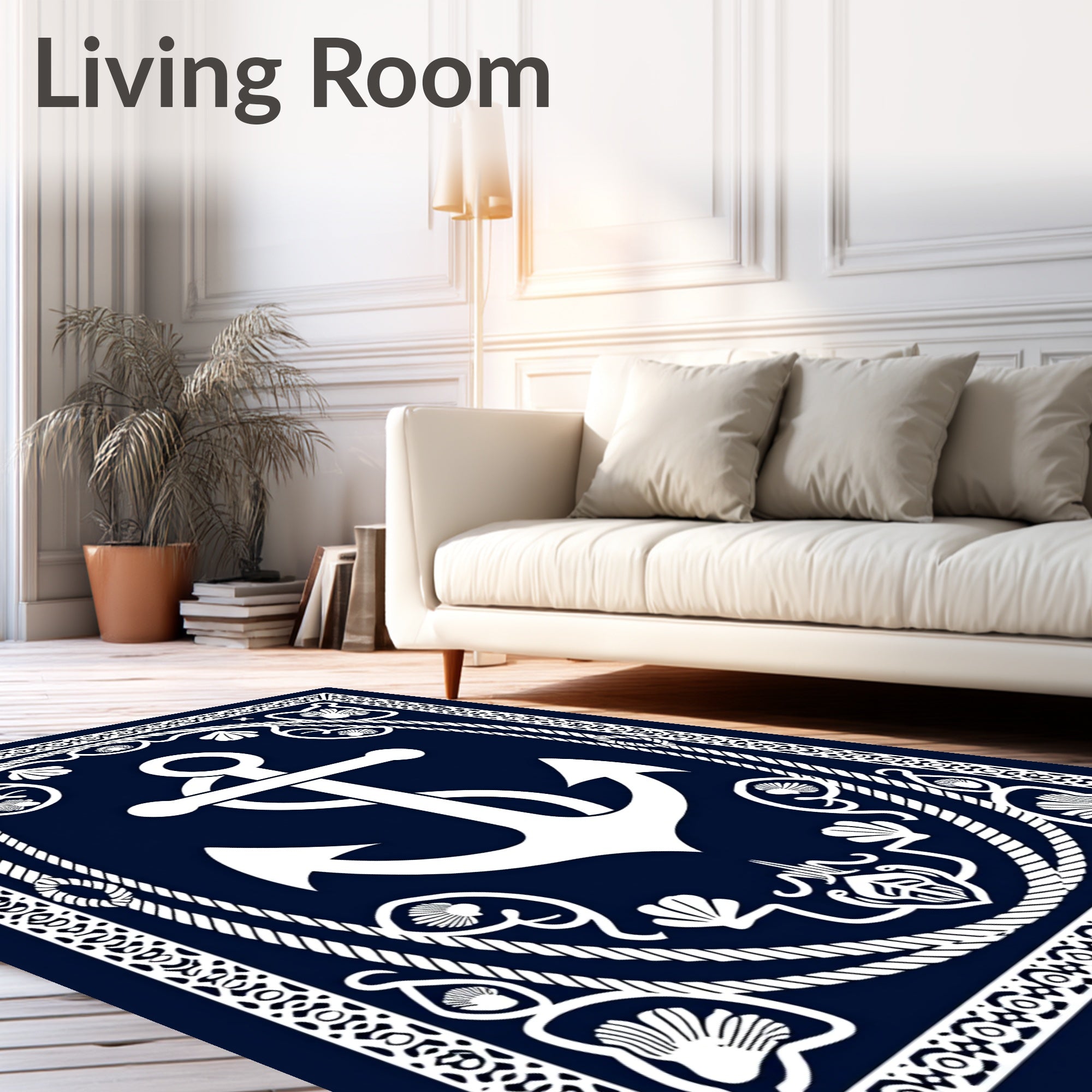 Nautical White Anchor Navy Blue Emblem Rug