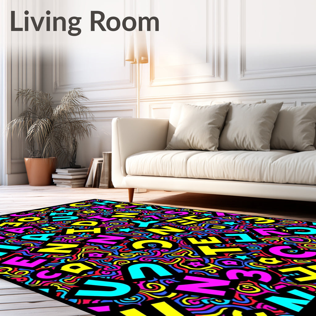 Vibrant Alphabet Chaos Swirl Rug