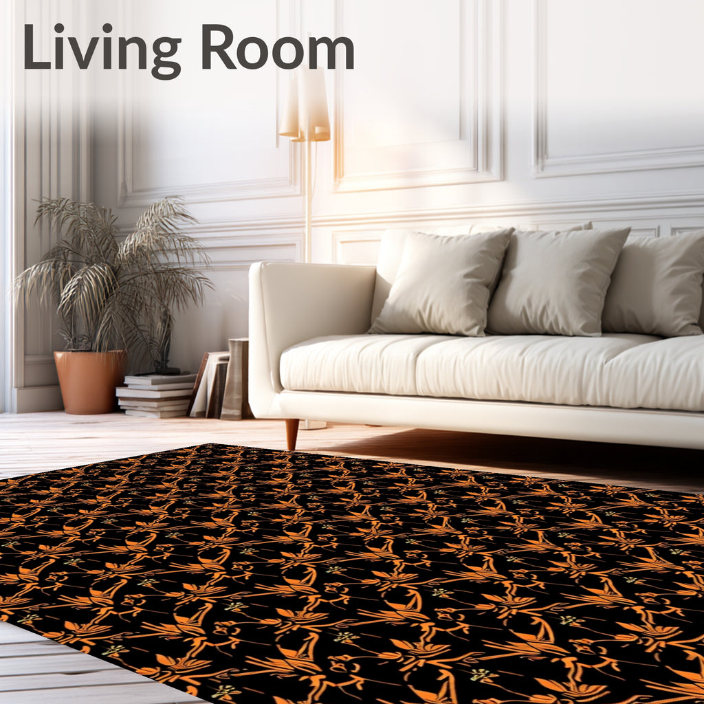 Orange Floral Scrollwork Black Backdrop Rug