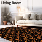 Orange Floral Scrollwork Black Backdrop Rug