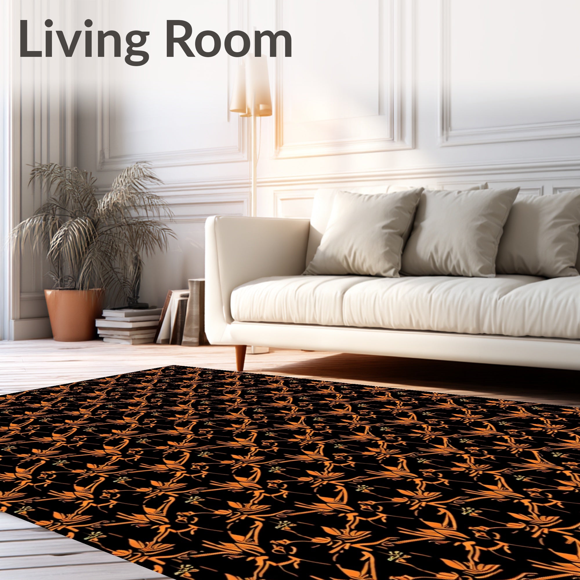 Orange Floral Scrollwork Black Backdrop Rug