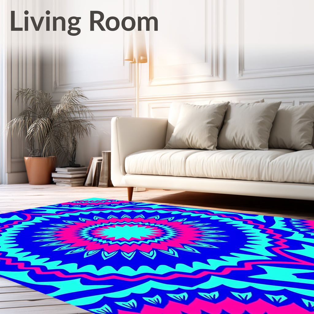 Vibrant Blue Pink Sunburst Mandala Rug
