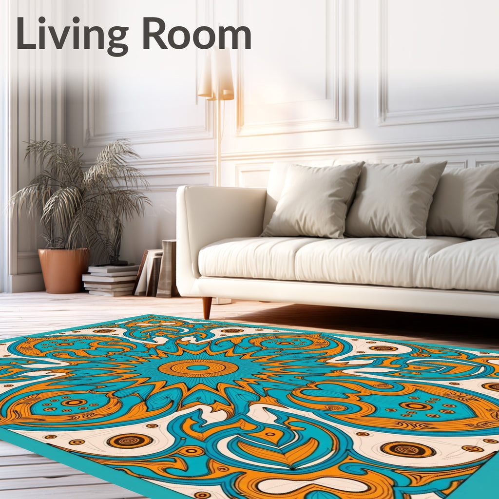Exotic Teal Orange Medallion Art Rug