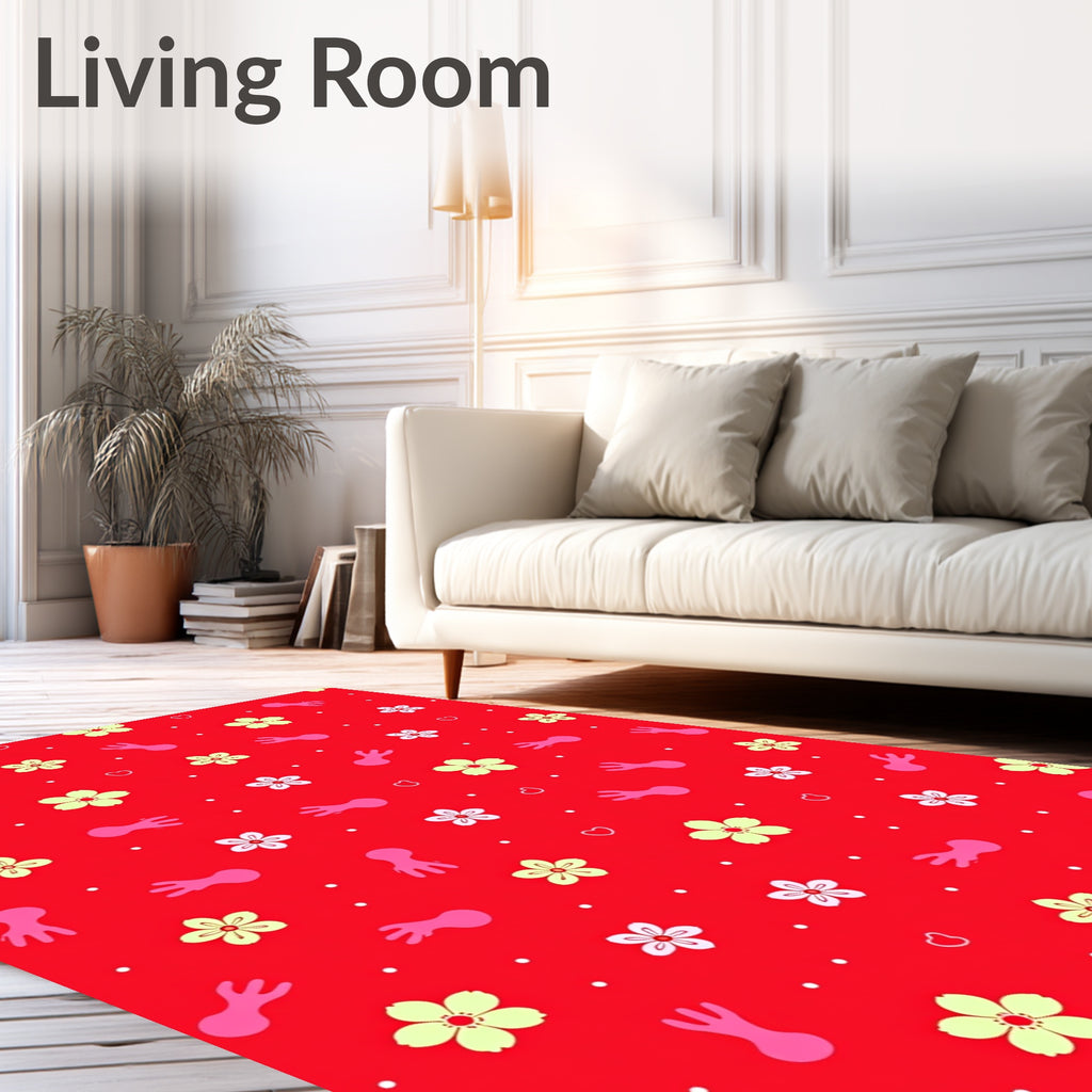 Red Floral Hearts Playful Figures Rug