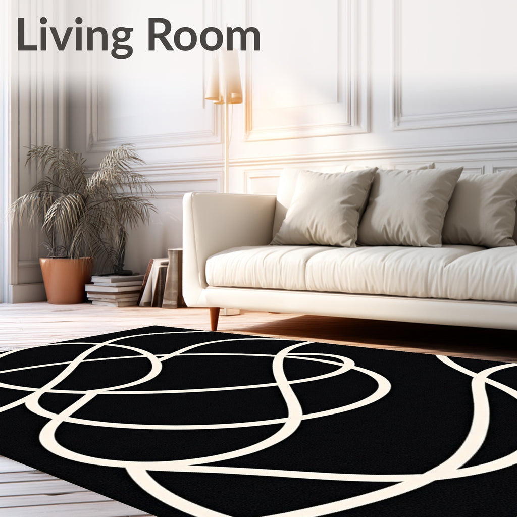 Modern Black White Abstract Swirl Rug