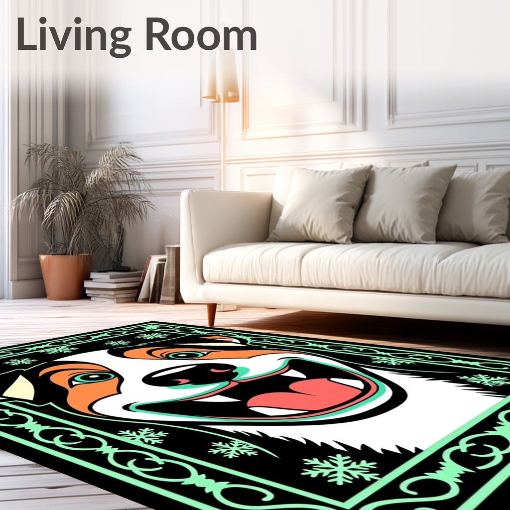 Black Mint Green Smiling Dog Snowflakes Rug