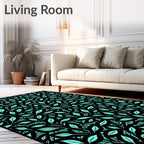Teal Leaves on Black Background Rug