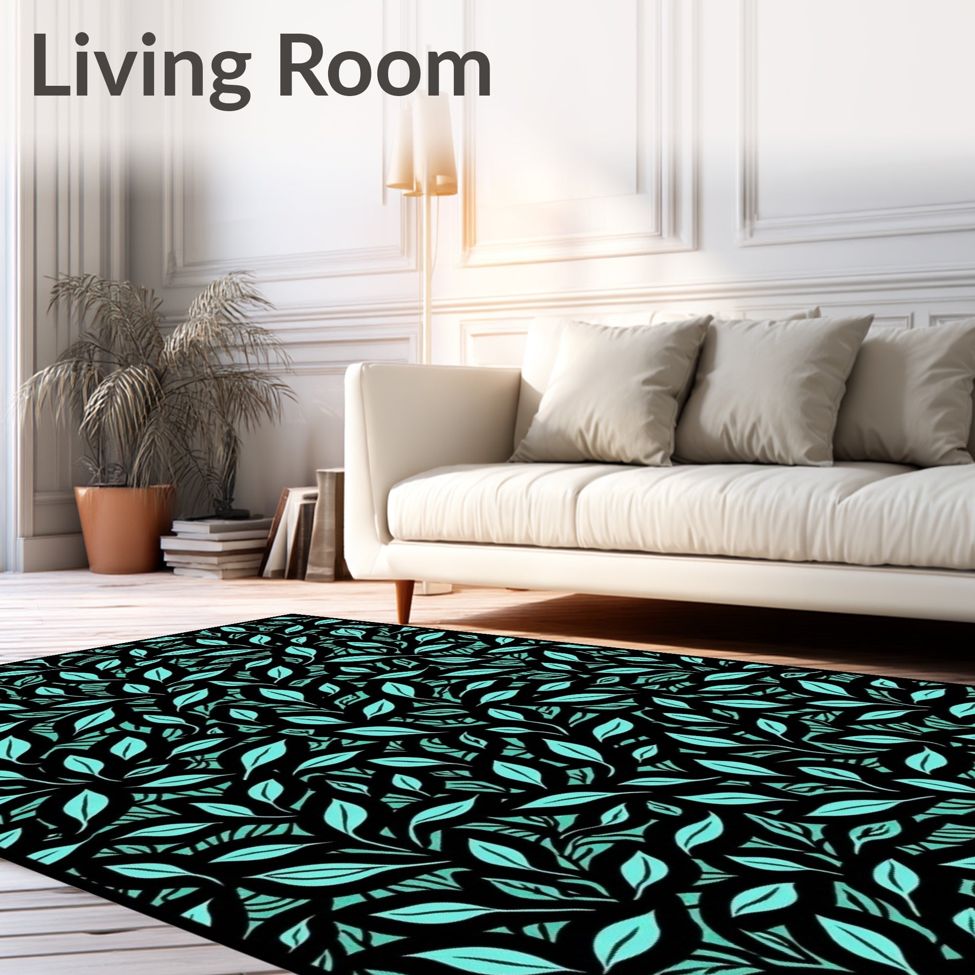 Teal Leaves on Black Background Rug