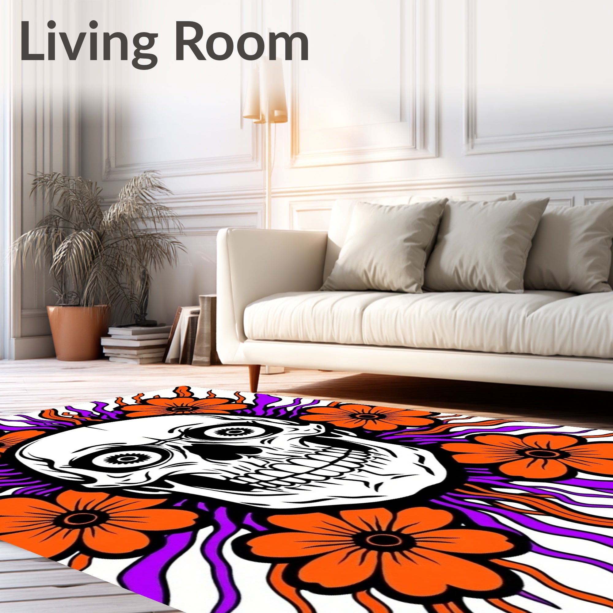Orange Skull Burst Floral Rug