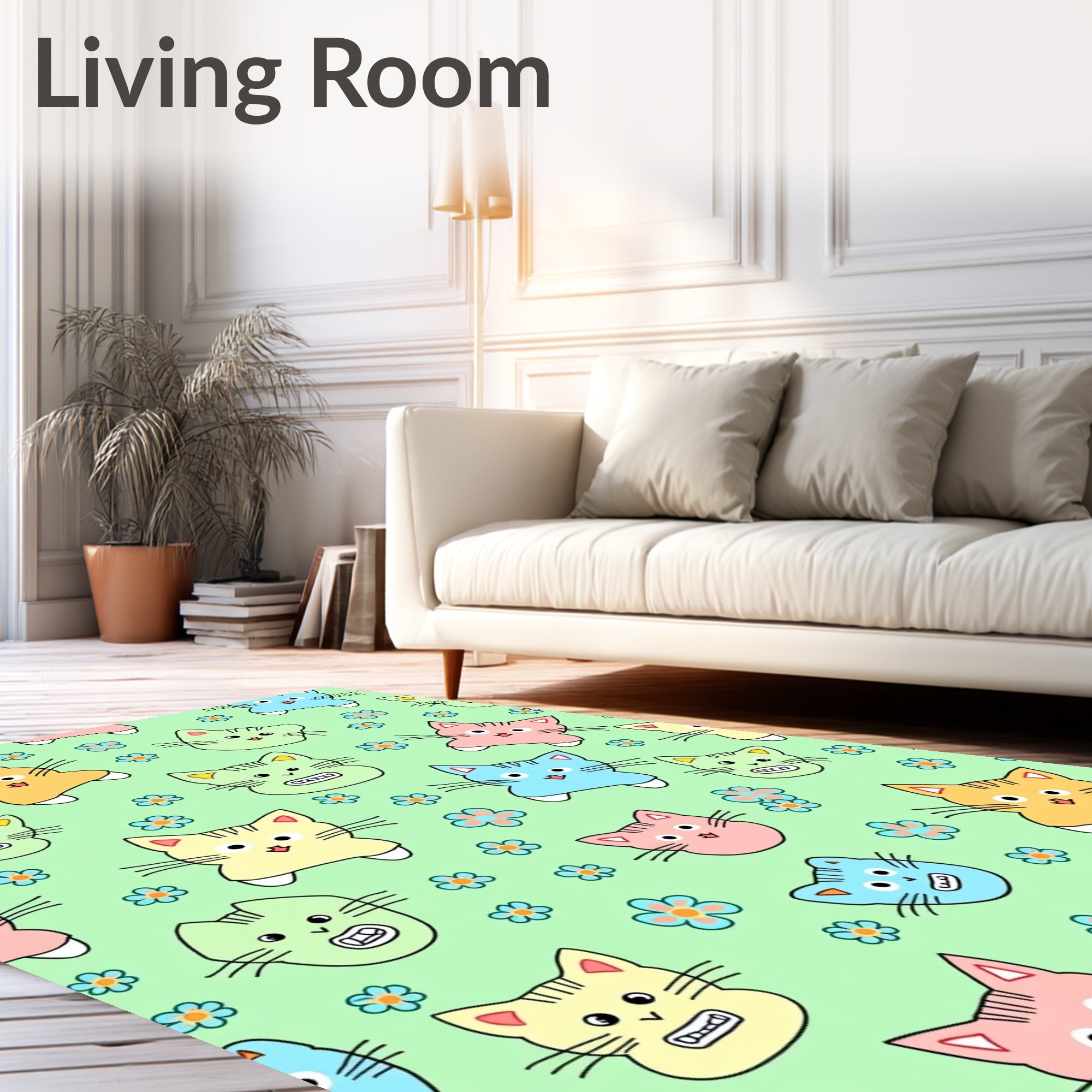 Pastel Cat Faces and Flowers Rug