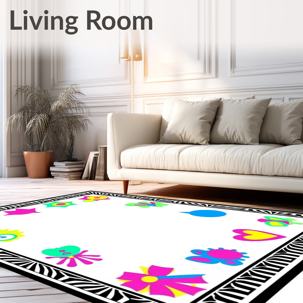 Bright Neon Retro Floral Heart Border Rug