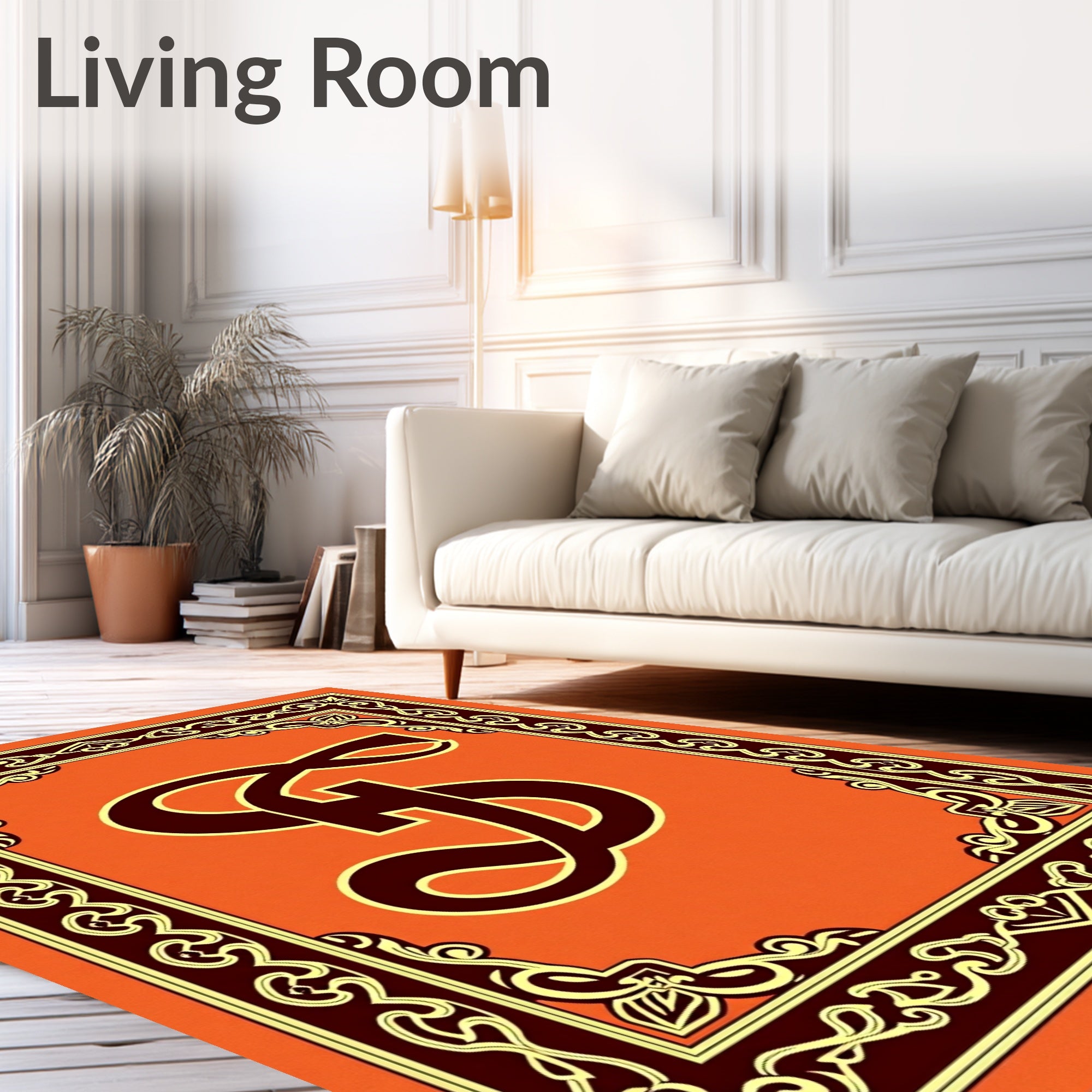 Ornate Orange Emblem Border Rug