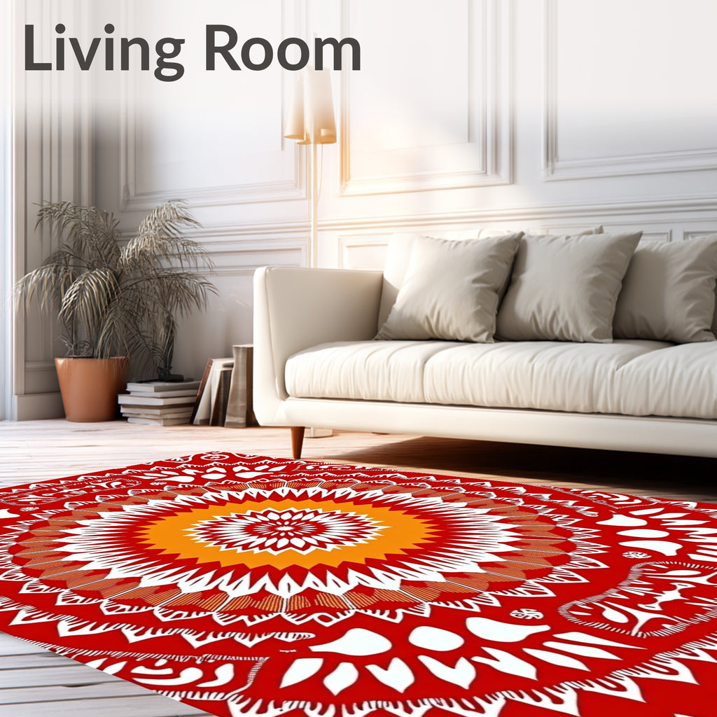 Vibrant Red Mandala Sunburst Focal Rug