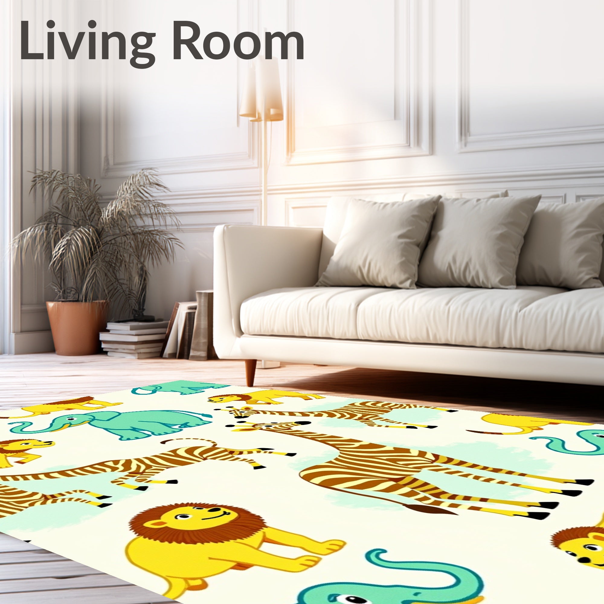 Whimsical Safari Animals Yellow Blue Rug