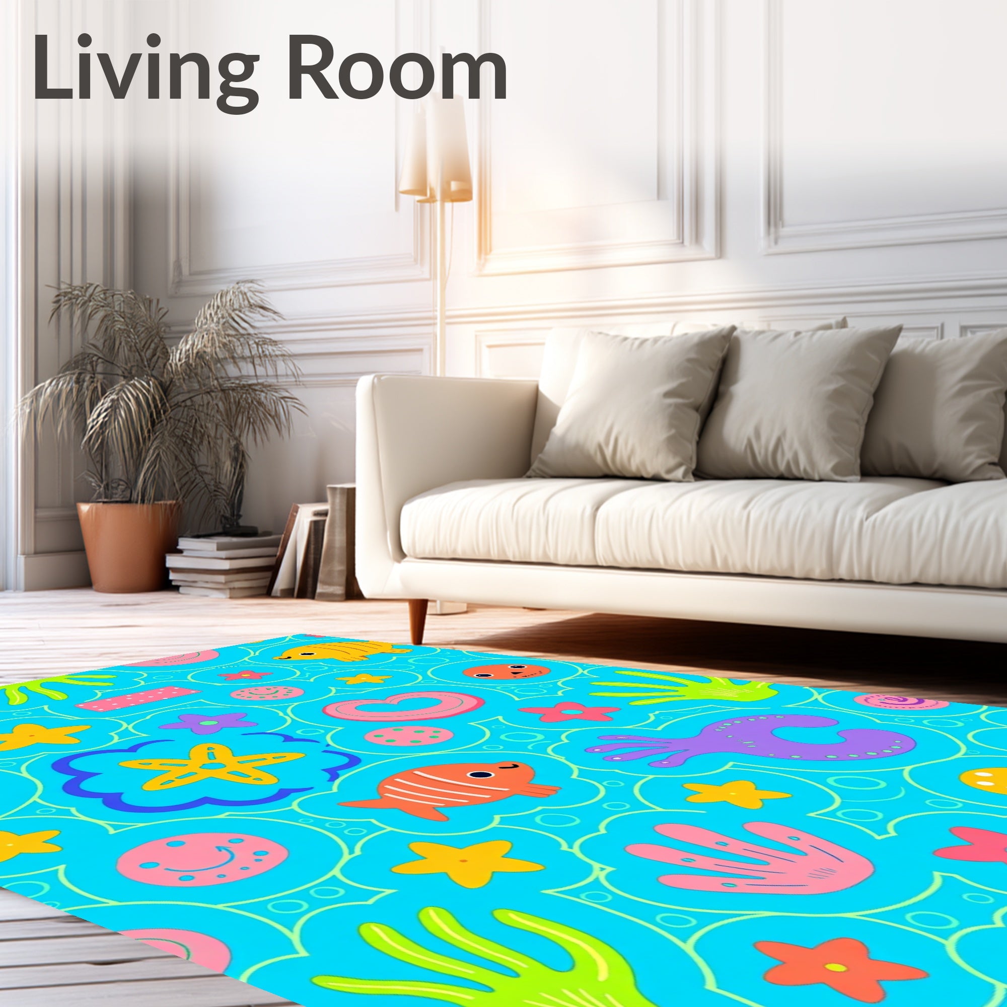Playful Aqua Ocean Creatures Medley Rug