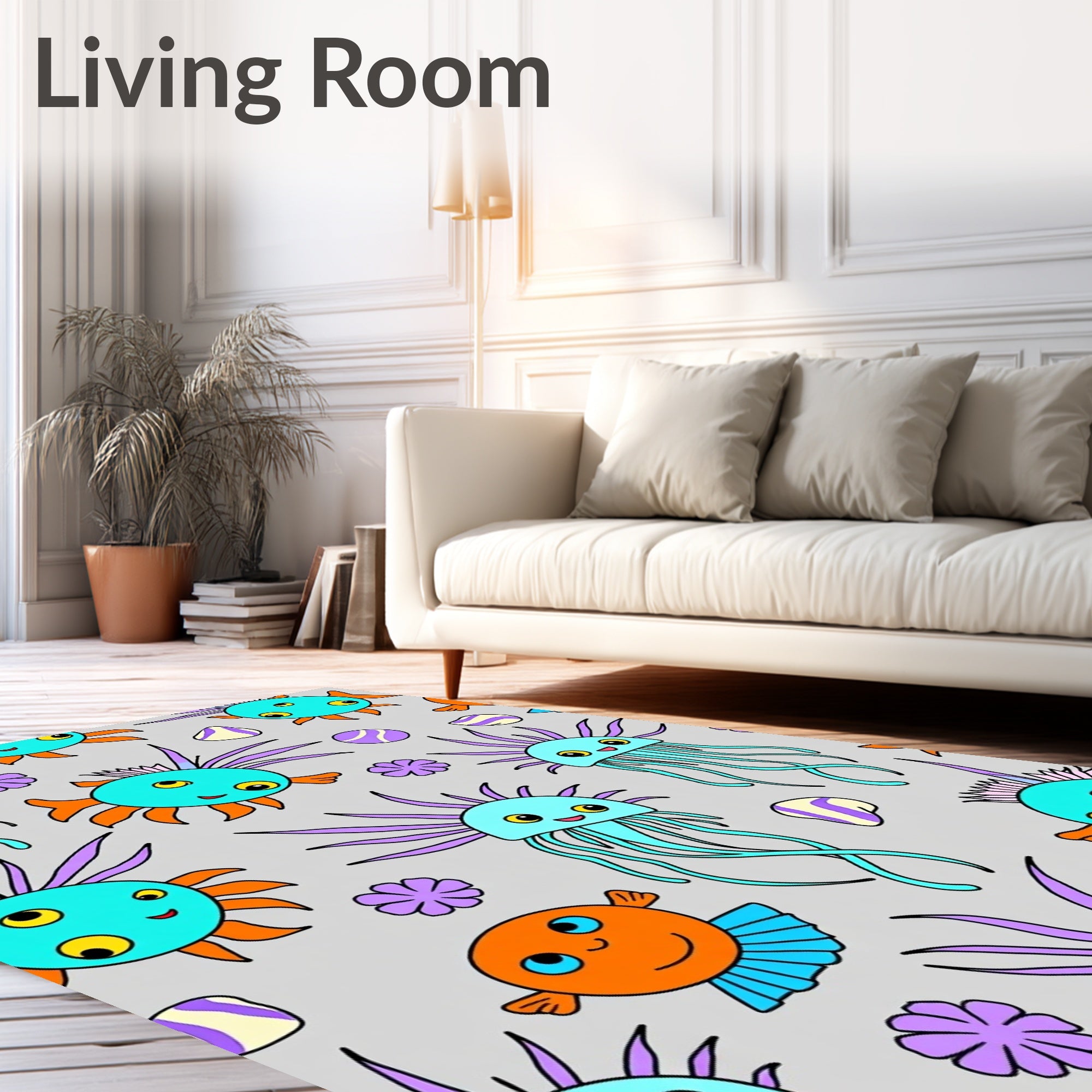 Cute Teal Jellyfish Orange Fish Ocean Rug