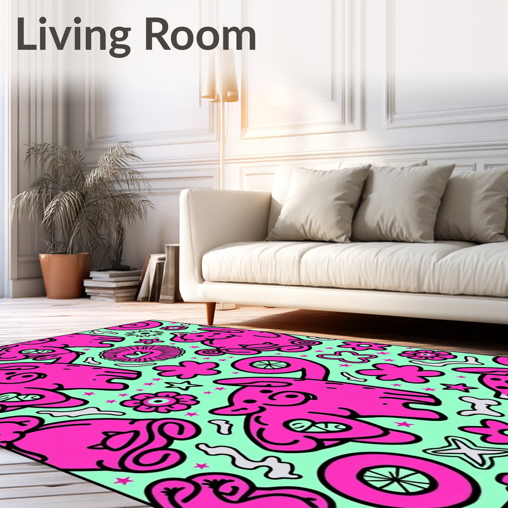 Whimsical Pink Critter Mint Collage Rug