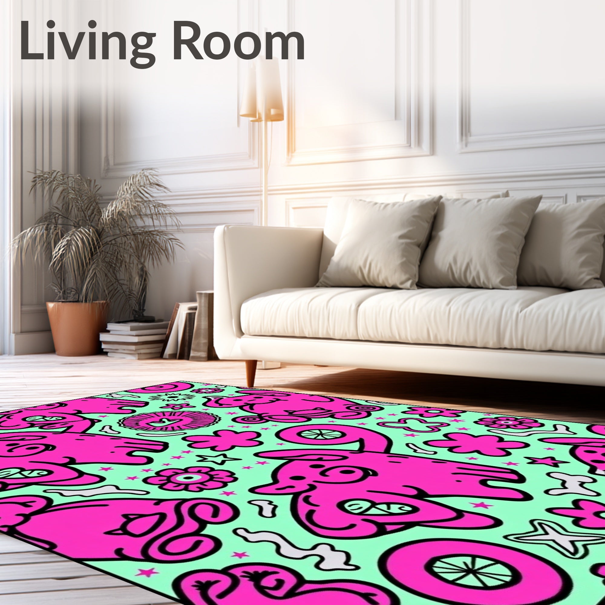Whimsical Pink Critter Mint Collage Rug