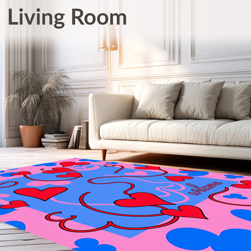 Playful Pink Blue Red Heart Swirls Rug