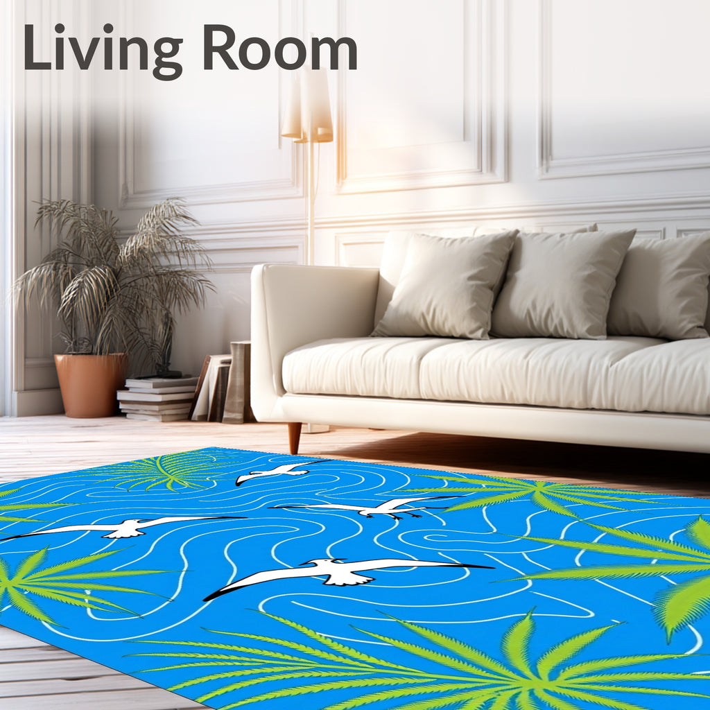 Flying Seagulls Green Palm Branches Blue Waves Rug