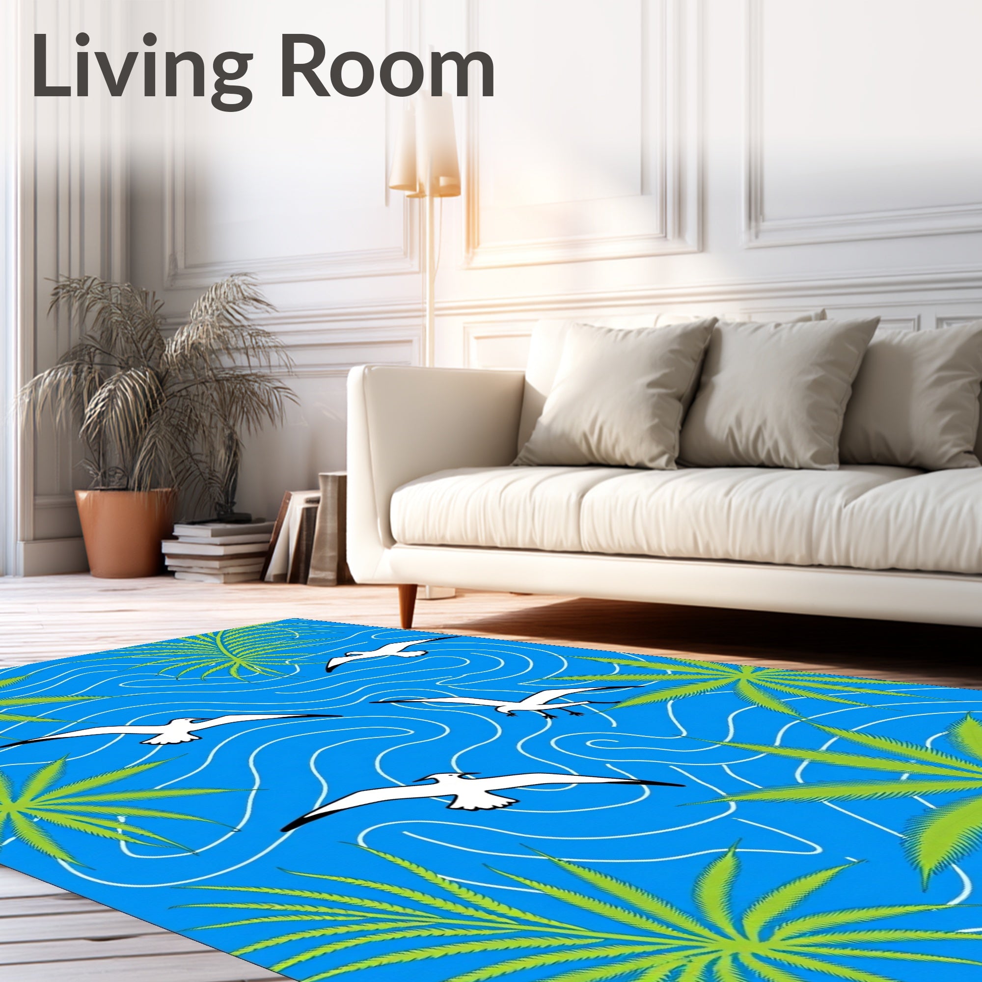Flying Seagulls Green Palm Branches Blue Waves Rug