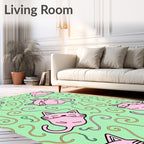 Whimsical Pink Cat Swirls Pastel Green Rug