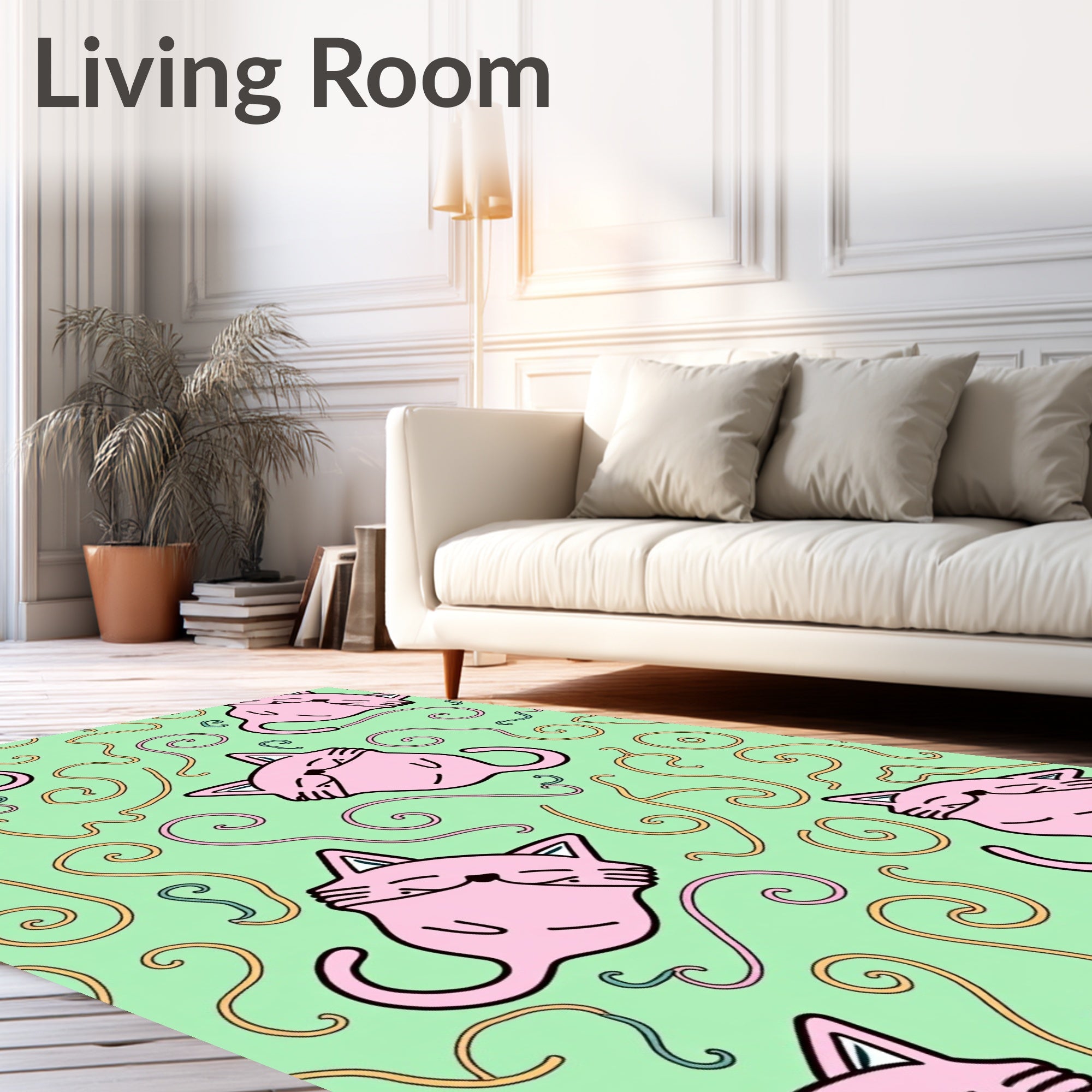 Whimsical Pink Cat Swirls Pastel Green Rug