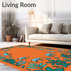 Whimsical Elephants Teal Foliage Orange Background Rug