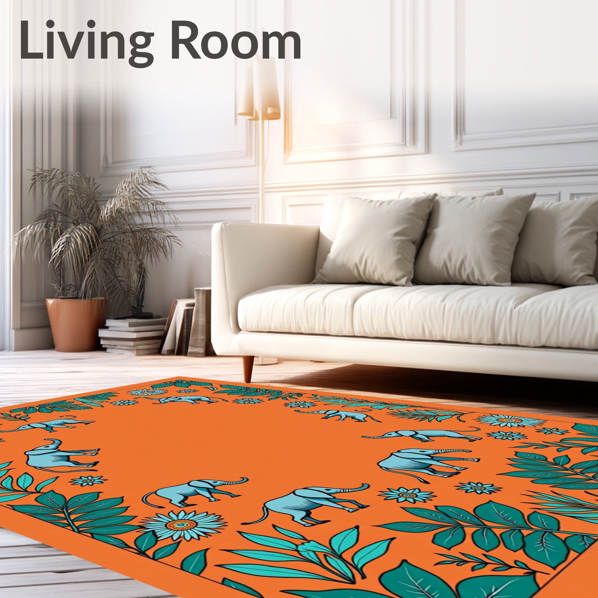 Whimsical Elephants Teal Foliage Orange Background Rug