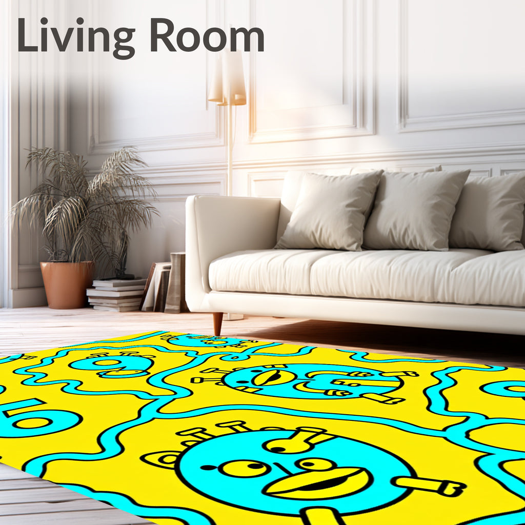 Whimsical Yellow Turquoise Cartoon Characters Rug